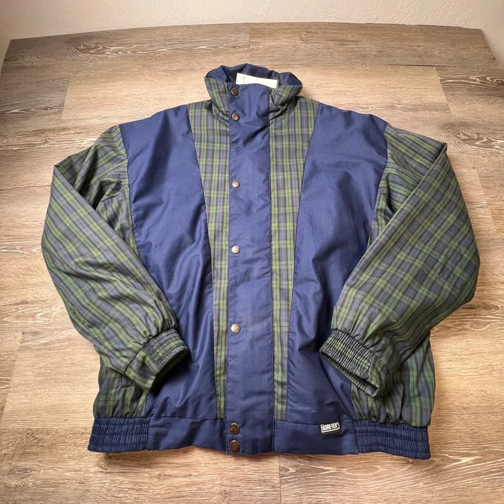 Gore-Tex Jacket Mens Medium Navy Green Plaid Vintage 80s Waterproof Windbreaker